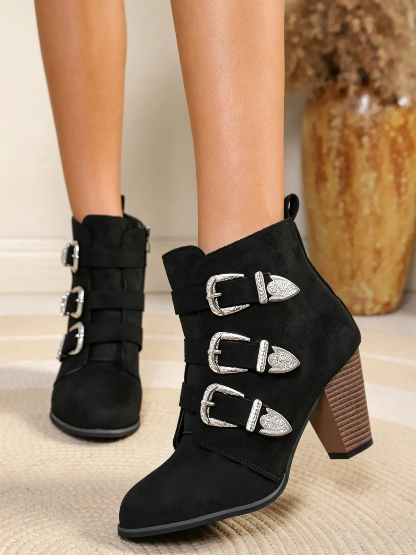 Elegant Women's Fall Winter Cowboy Boots, Decorative Buckle, Side Zipper, Chunky Heel, Western Style, Comfortable & Stylish, Perfect for Dates, Parties, Daily Wear