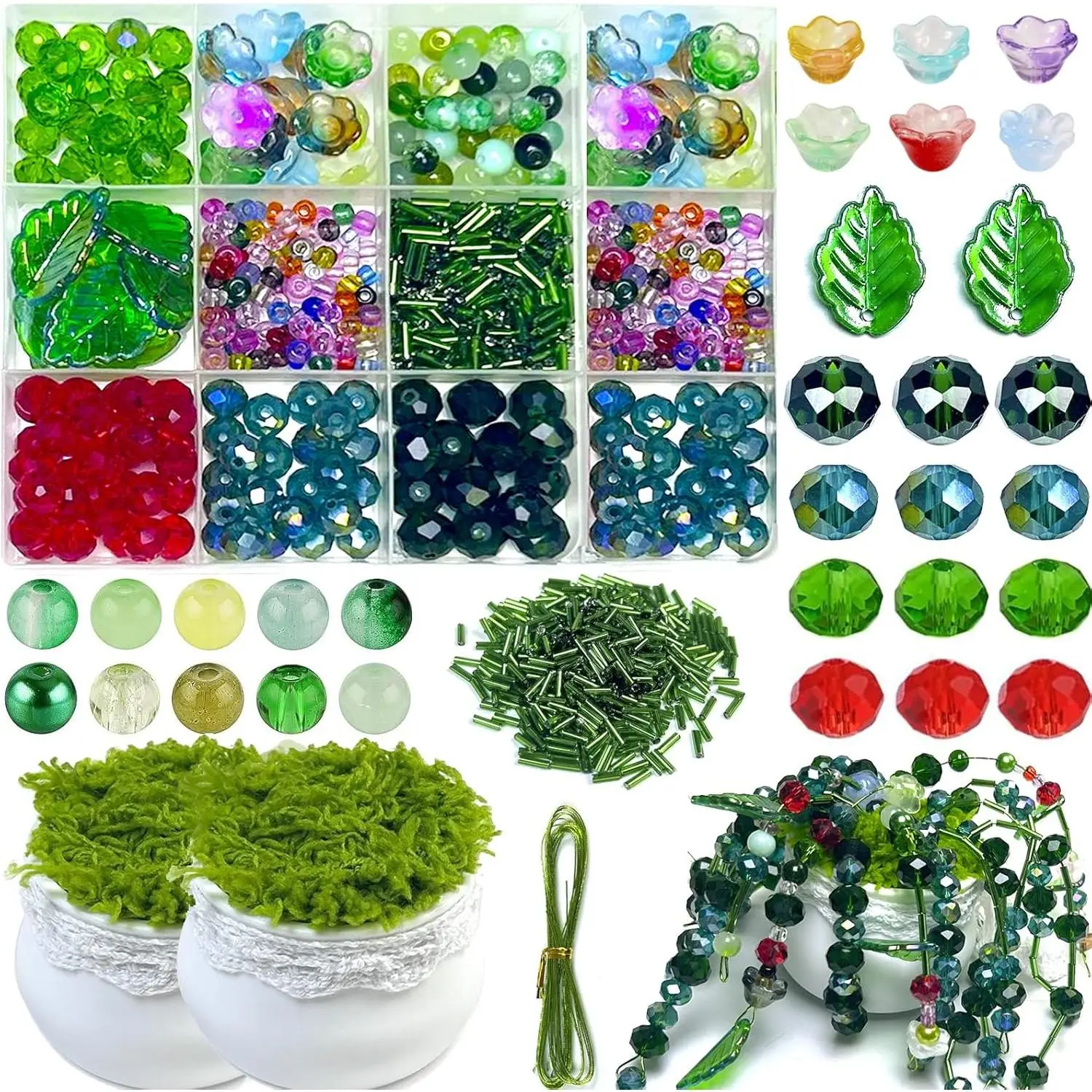 1507 count  Glass Beaded Planting Kit, Green Beads with 2 Mini Pot for  Making, Nature  Faceted, Leaf, Flower, Round, Bugle Beads Bulk Kit for Planting Craft DIY Charms Wind Chimes
