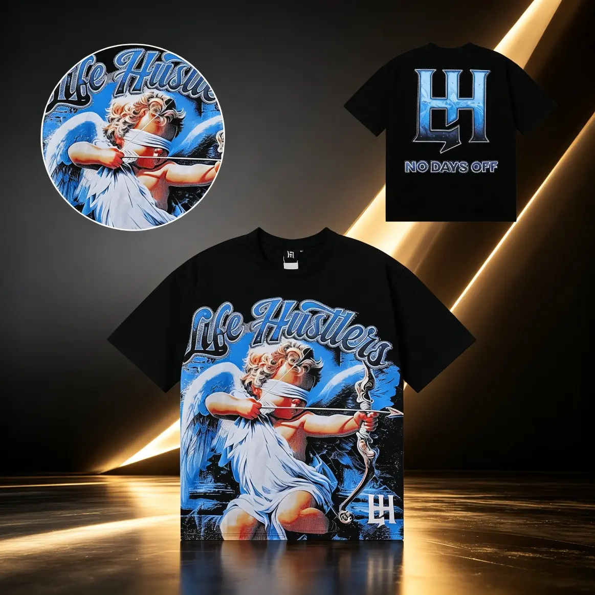 Li Fe Hu Stlers Blindfold Cupid Angel Graphic T-Shirt for Men Women Unisex, Black Double Sided No Days Off, Oversized Heavyweight Cotton Y2K Streetwear Hip Hop Crewneck Summer Trendy Top, Streetwear Clothing, TikTok Shop Back to School