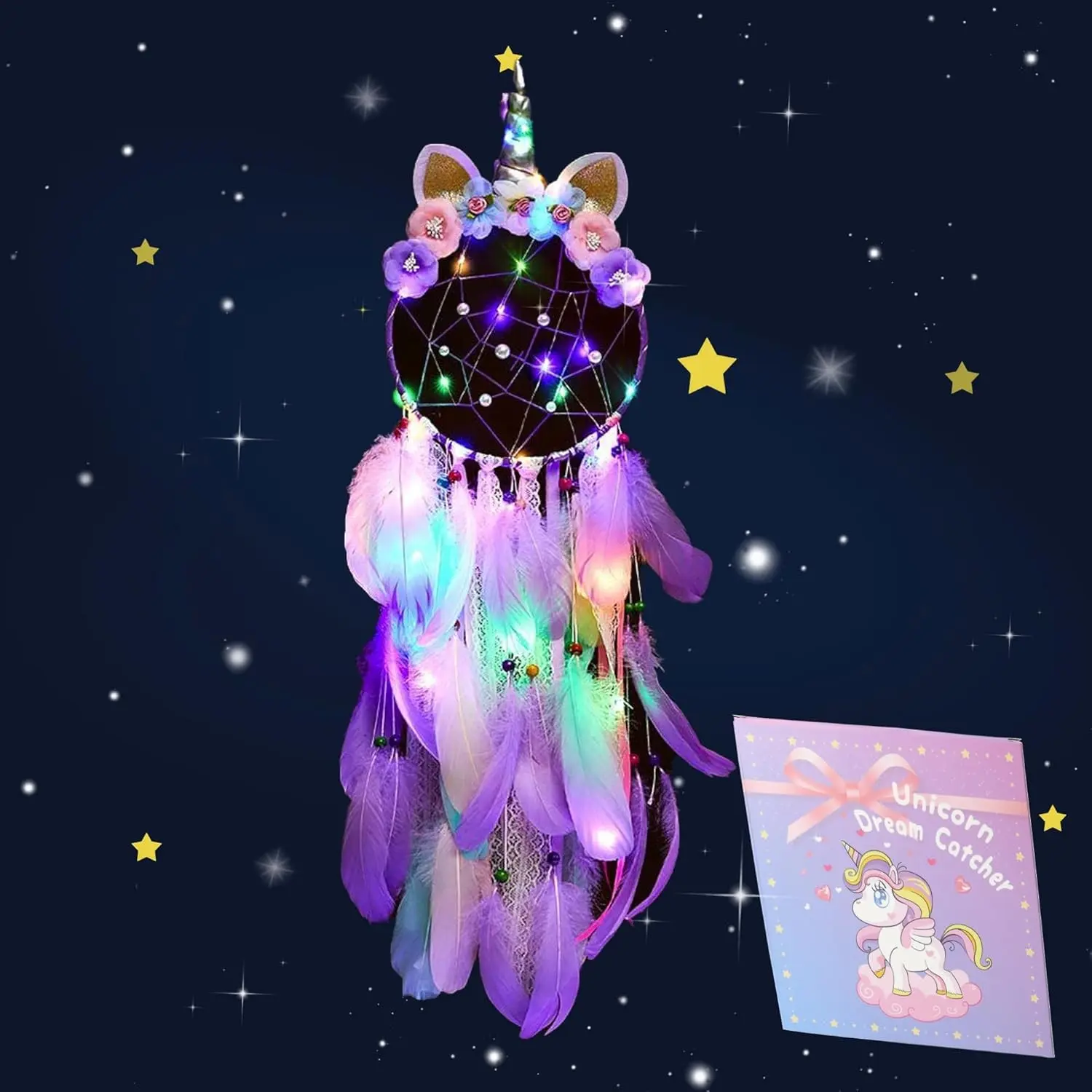 LED Lighted Unicorn Dream Catcher Wall Decor Colorful Feather Dreamcatcher Wall Hanging for Girls Kids Bedroom Decoration, Purple with Light