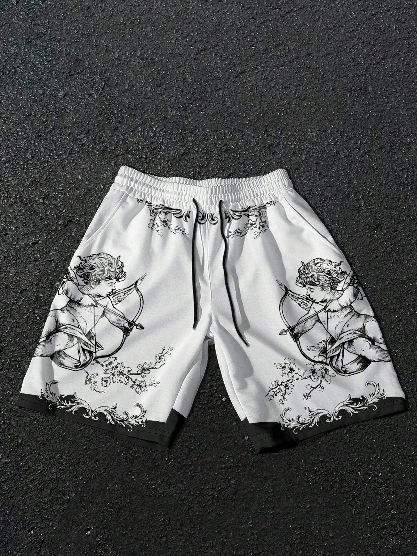 Manfinity Emrg Men's Summer Casual Street Colorful Rhinestone Letter Flame Print Loose Drawstring Shorts, Fitted Fit for Stylish Look Graphic Print Shorts