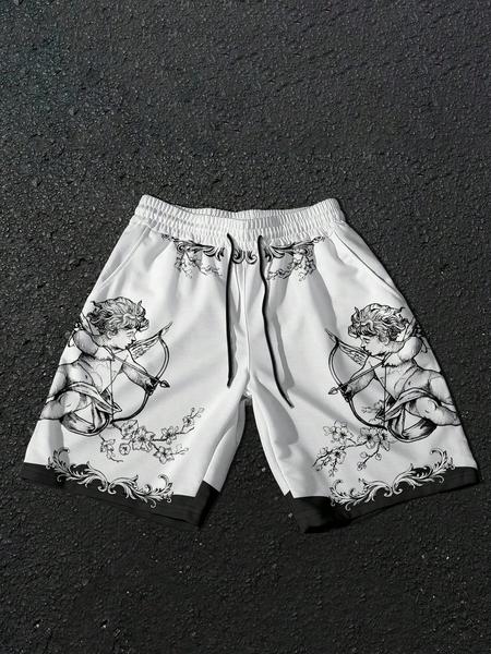 Manfinity Emrg Men's Summer Casual Street Colorful Rhinestone Letter Flame Print Loose Drawstring Shorts, Fitted Fit for Stylish Look Graphic Print Shorts