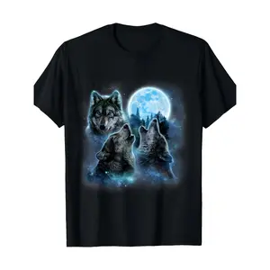PLUS SIZE Three Wolves Howling at Moon T-Shirt Heavyweight Black Wolf Pc Graphic Tee with Icy Blue Night Sky & Northern Design Retro Norse Viking Style Casual Crew Neck Short Sleeve, PLUS SIZE