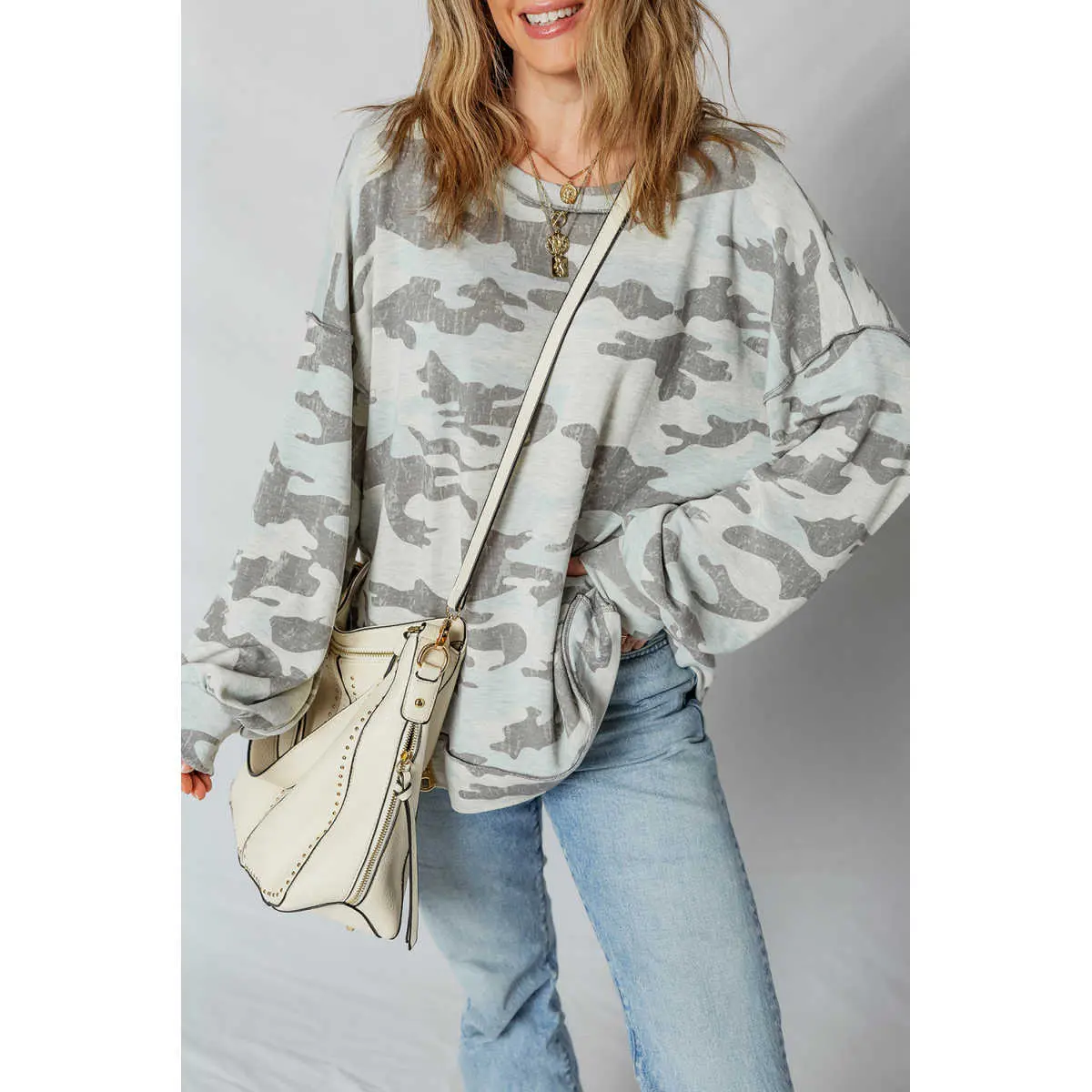 Women's Chic Polyester Tunic Sweatshirt - Multicolour Retro Camouflage Print, Exposed Seam, Patchwork, Drop Shoulder (Pair with Jeans), Style, Everyday