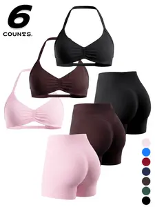 6-Piece Women's Summer Crop Top & Shorts Set, Seamless Shaping Gym Wear, Strong Support, High Elasticity, Sexy Slim-Fit Style