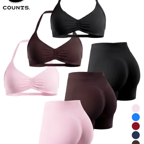 Women's 2-Piece/6-Piece Summer Crop Top & Shorts Set, Seamless Shaping Gym Wear, Fitness Outfits, Strong Support, High Elasticity, Sleeveless, Mid Waist