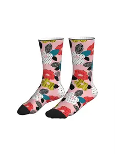 Abstract Floral Crew Socks Memphis Style Pink Base with Geometric Prints