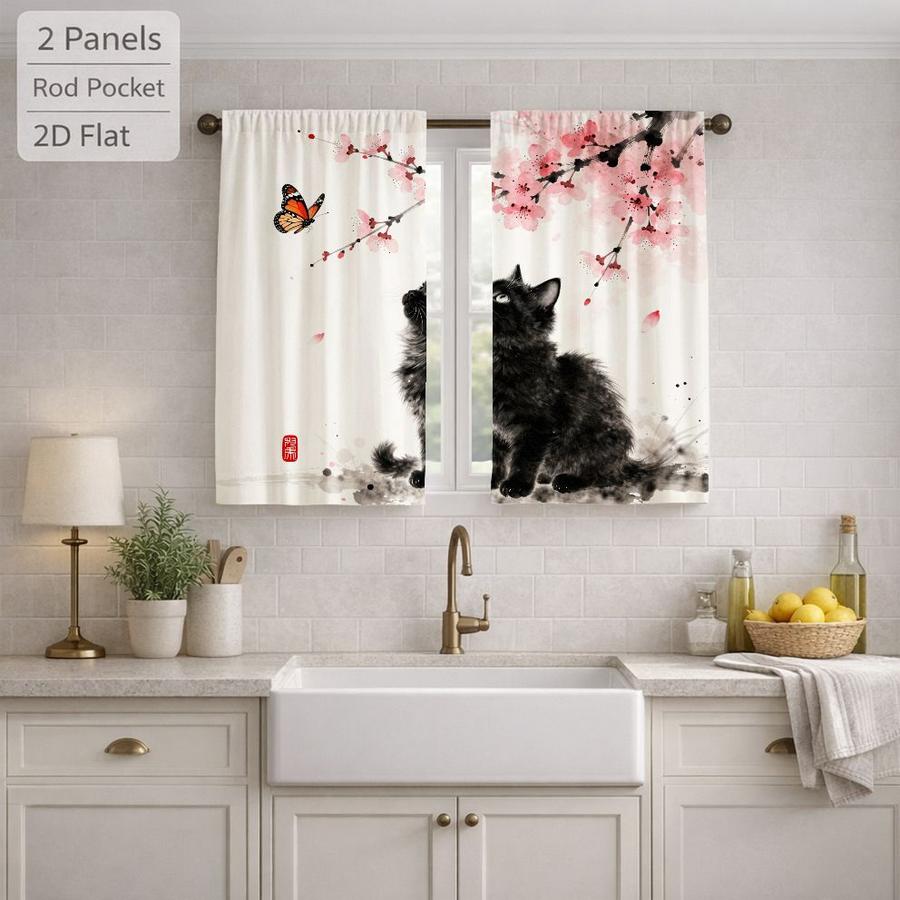 2Pcs Japanese Style Ink Painting Cat Butterfly Sakura Pattern Curtains Digital Printed Rod Pocket, Window Treatment For Bedroom Office Kitchen Living Room Study Home Decor