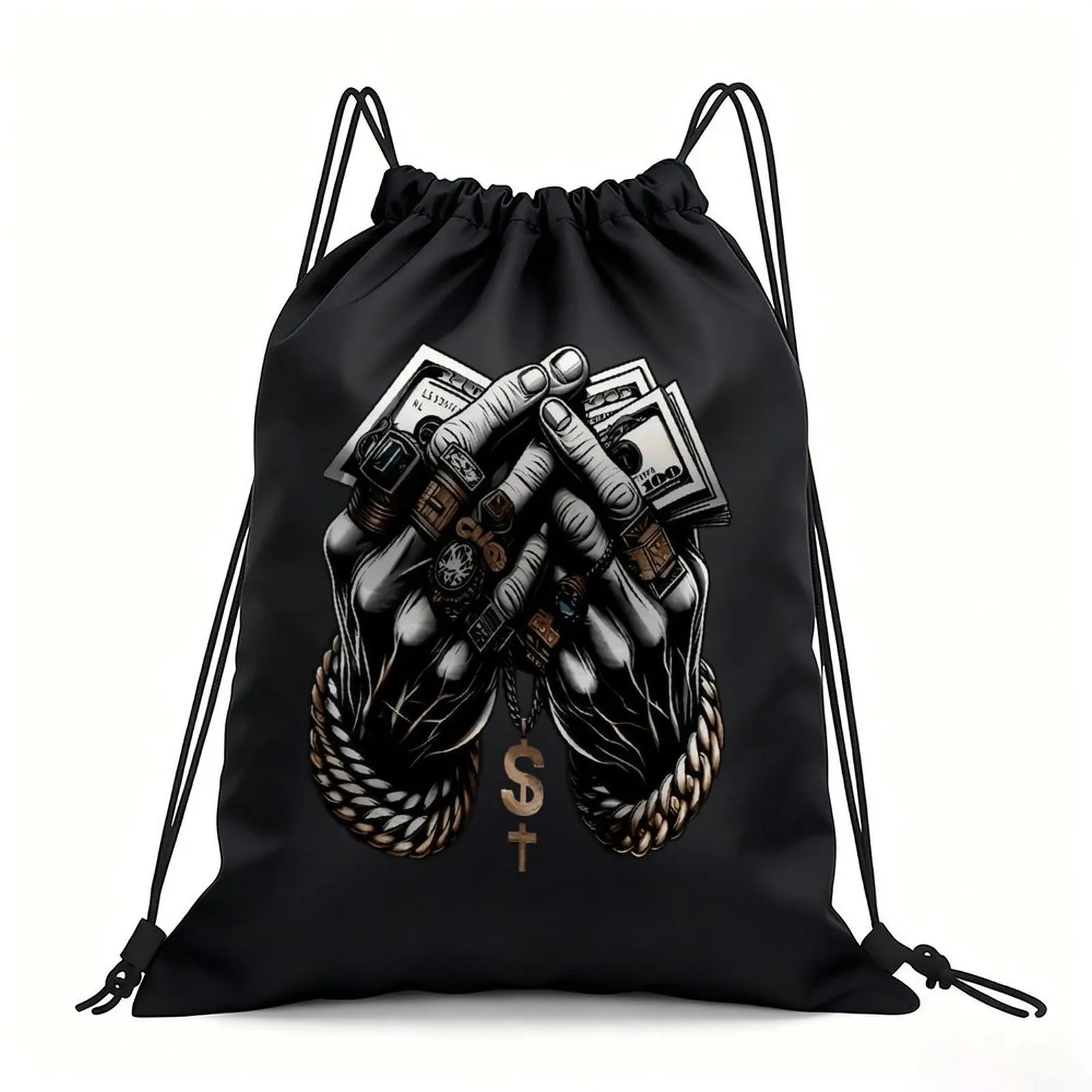 Portable Drawstring Sack Bag with Custom Graphic Print, Waterproof Polyester String Backpack for Gym Workout Swimming Hiking