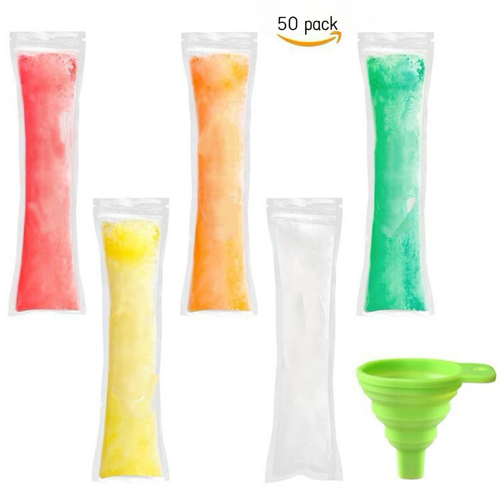 50 disposable ice pop molds for homemade popsicles, food-grade and BPA-free, equipped with a funnel and a sealing zipper, suitable for making healthy snacks, yogurt bars, juice, and fruit smoothies