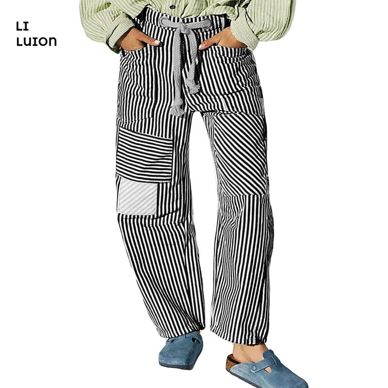 Women Striped Pants, Elastic Waist Drawstring Patchwork Wide Leg Pants Loose Trousers with Pockets
