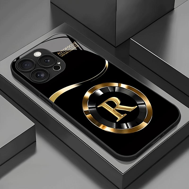 Simple golden lucky letter R pattern glass phone case, for iPhone 17 16 15 14 13 12 11 pro max