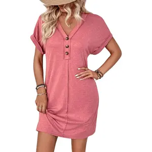 ootd Women's Plain Button V Neck Tee Dress, Casual Chic Outfit Short Sleeve Batwing Sleeve Short Dress for Summer, Fashion Women's Dress