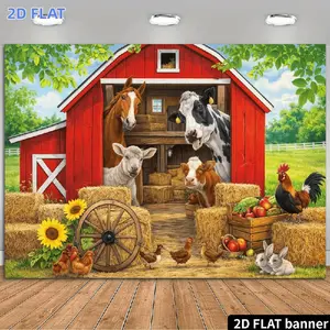 2D Flat Banner 1pc, Farm Animals Theme Backdrop Cartoon Style Red Barn with Various Livestock Illustrations Design Vibrant Scene Featuring Cows Horses Sheep Chickens Rabbits And More Cute Animals Paired with Haystacks Sunflowers,