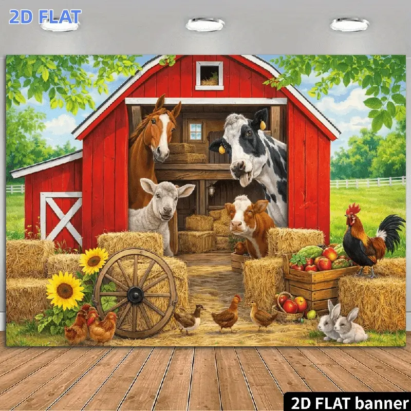2D Flat Banner 1pc, Farm Animals Theme Backdrop Cartoon Style Red Barn with Various Livestock Illustrations Design Vibrant Scene Featuring Cows Horses Sheep Chickens Rabbits And More Cute Animals Paired with Haystacks Sunflowers,