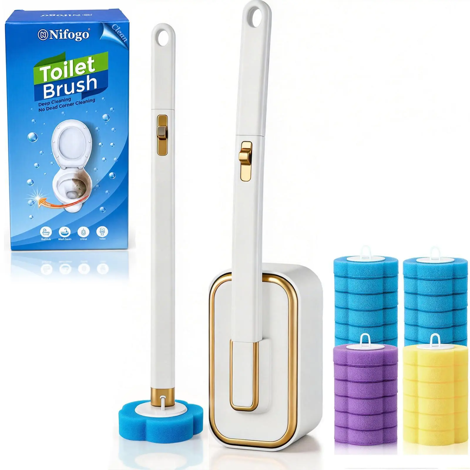 Nifogo Wall-Mounted Disposable Toilet Scrubber Brush Set with Holder, Bathroom Accessory, 24 Refills, Fragrance Neutralizer, Triple-Layer Sponge, Hassle-Free Multifunctional Multi-Surface Clean System for Toilet Bowl, Sink, Disposable Toilet Brush