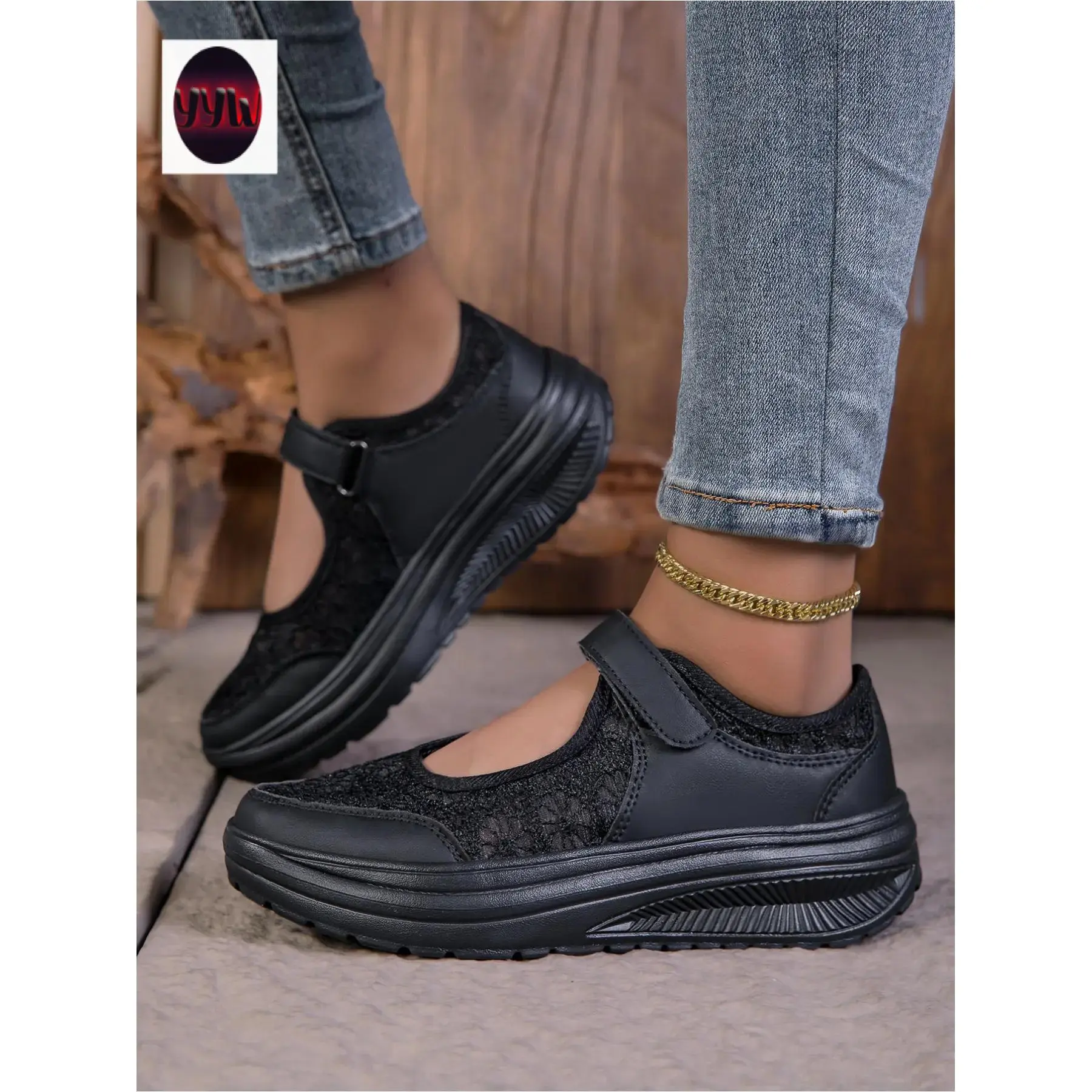 YYW1 Women's Breathable Lace Mary Style Platform Shoes Footwear Thick Sole Casual Loafers Non Comfort Velcro Strap Black White Casual Walking Fashion Sneakers