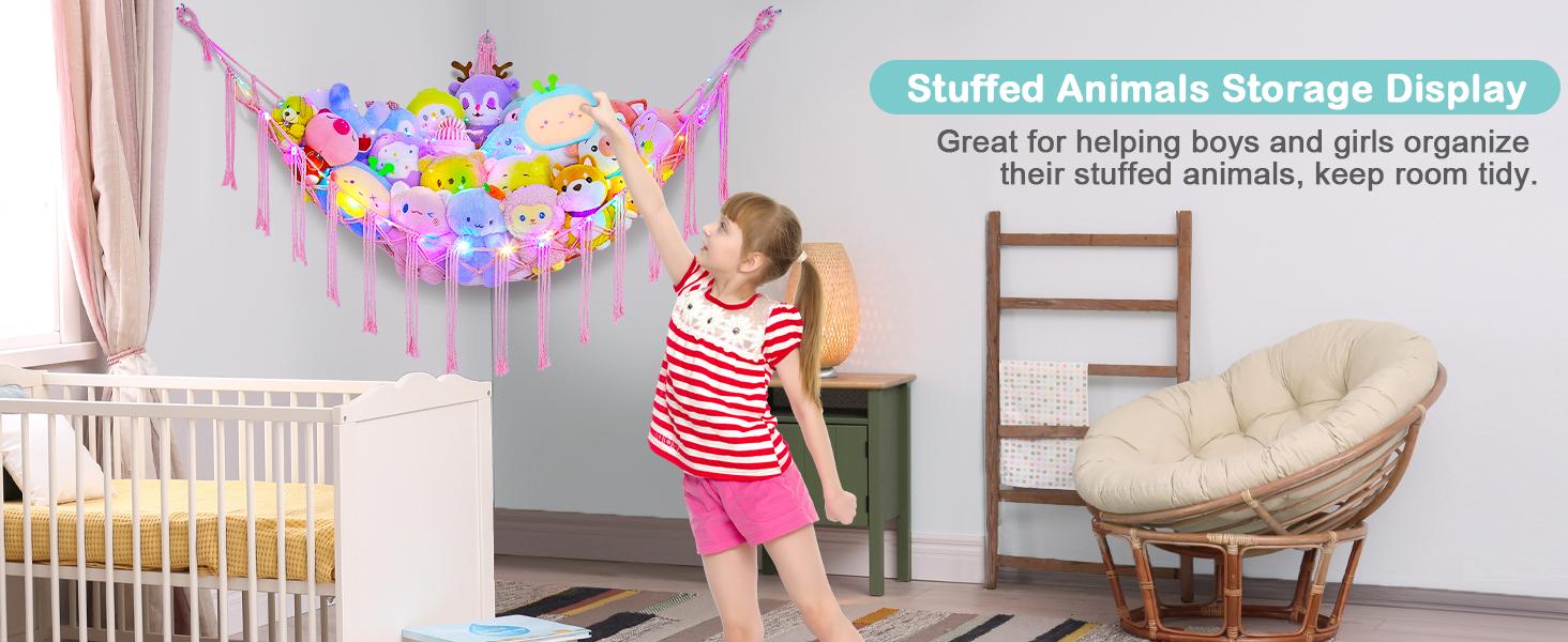 Stuffed Animals Net or Hammock with LED Light, Hanging Stuffed Animals Storage Toy Hammock Net Corner Wall Girls Room Decor Toy Storage Organizer, Purple,