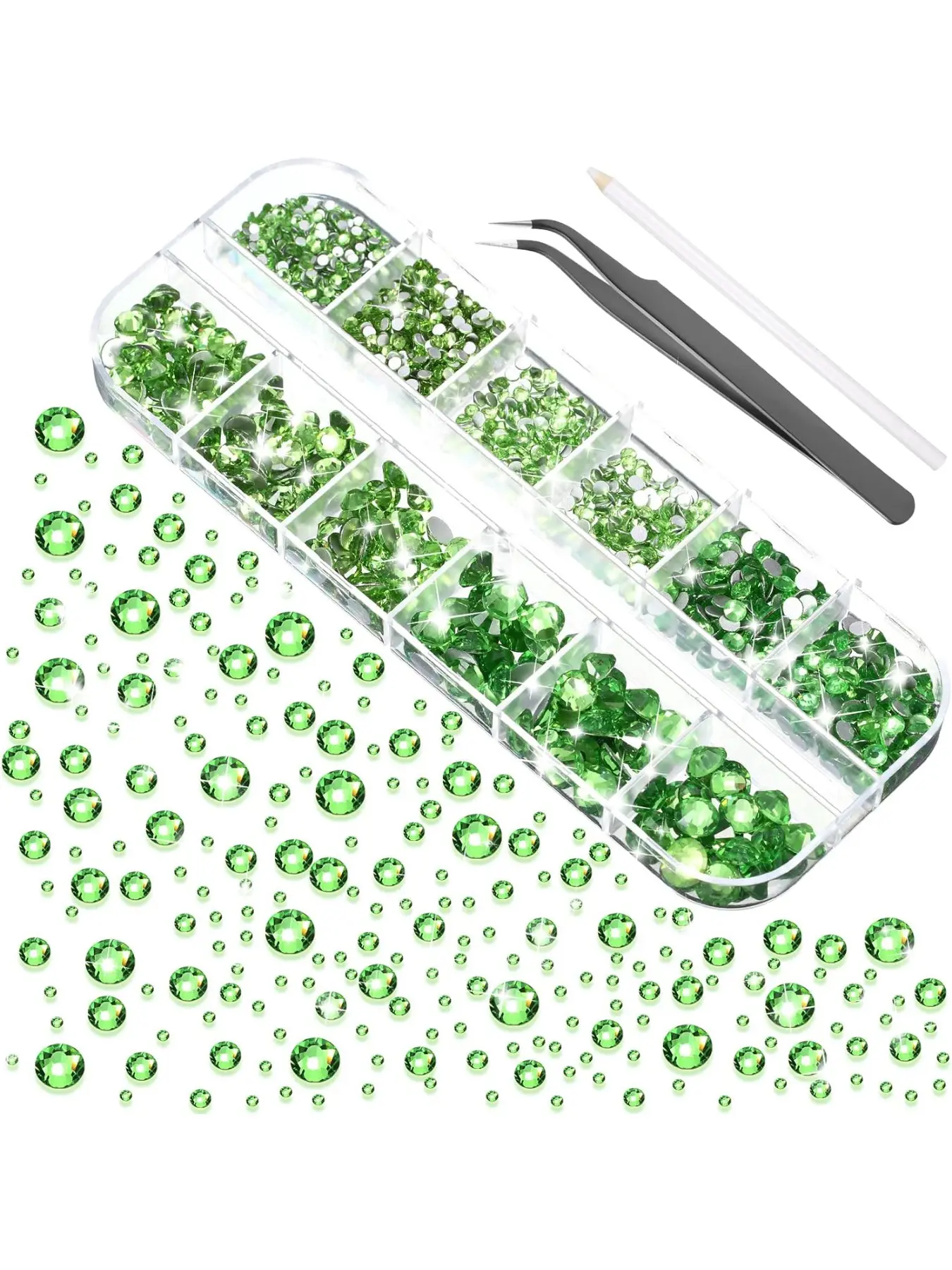 2000 pieces of flat back gemstone round crystal rhinestones, 6 sizes, with tweezers and rhinestones, DIY nail, face, clothes, shoe bags (fruit green)