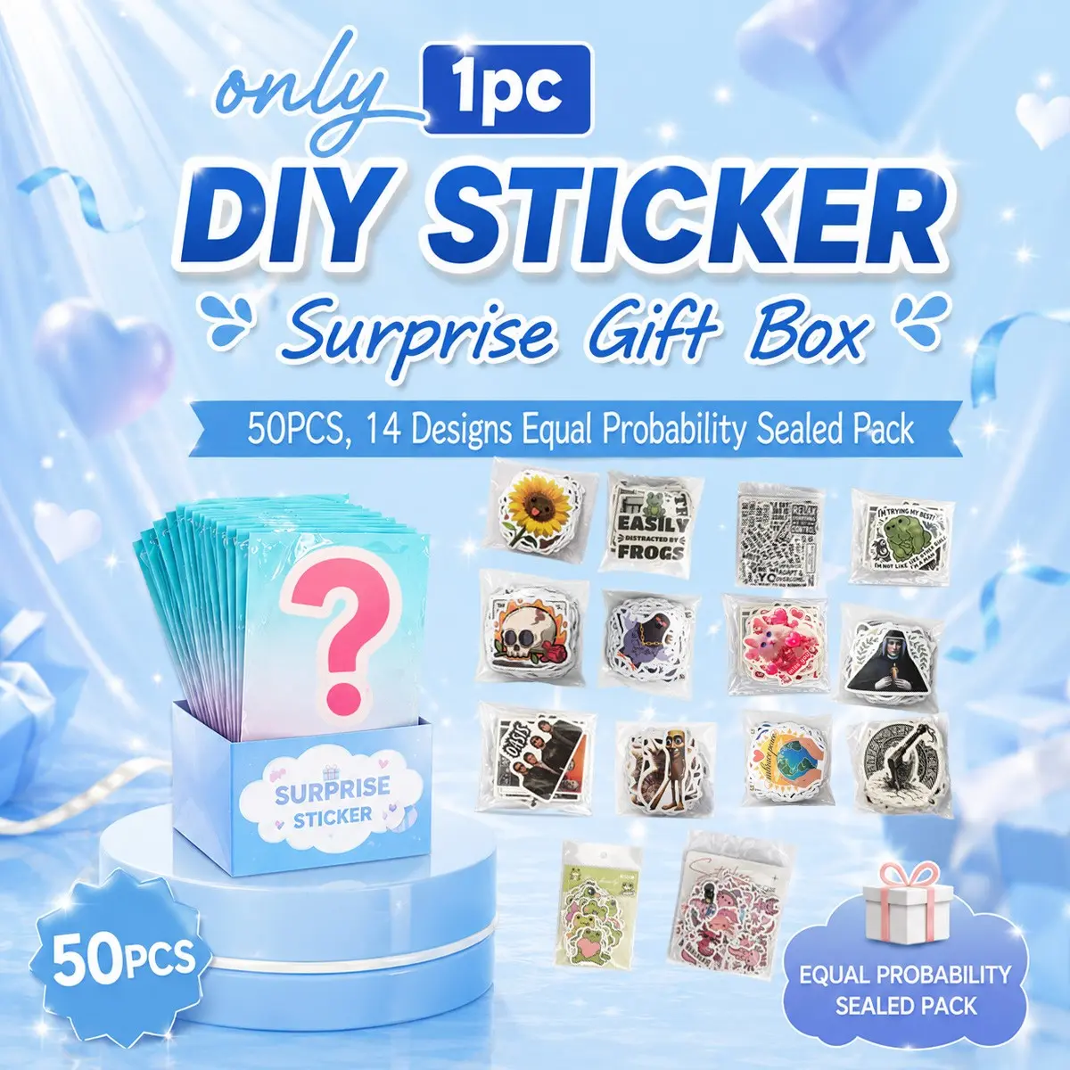 Cute DIY Sticker Surprise Gift Box, 50 Pieces, 14 Designs, Sealed Packaging, Ideal for Scrapbooks, Laptops, Water Bottles, Summer Gifts, Decals for Laptop Water Bottle Phone Case, Easter Graduation Summer Gift Craft Supplies Notebook Accessorie