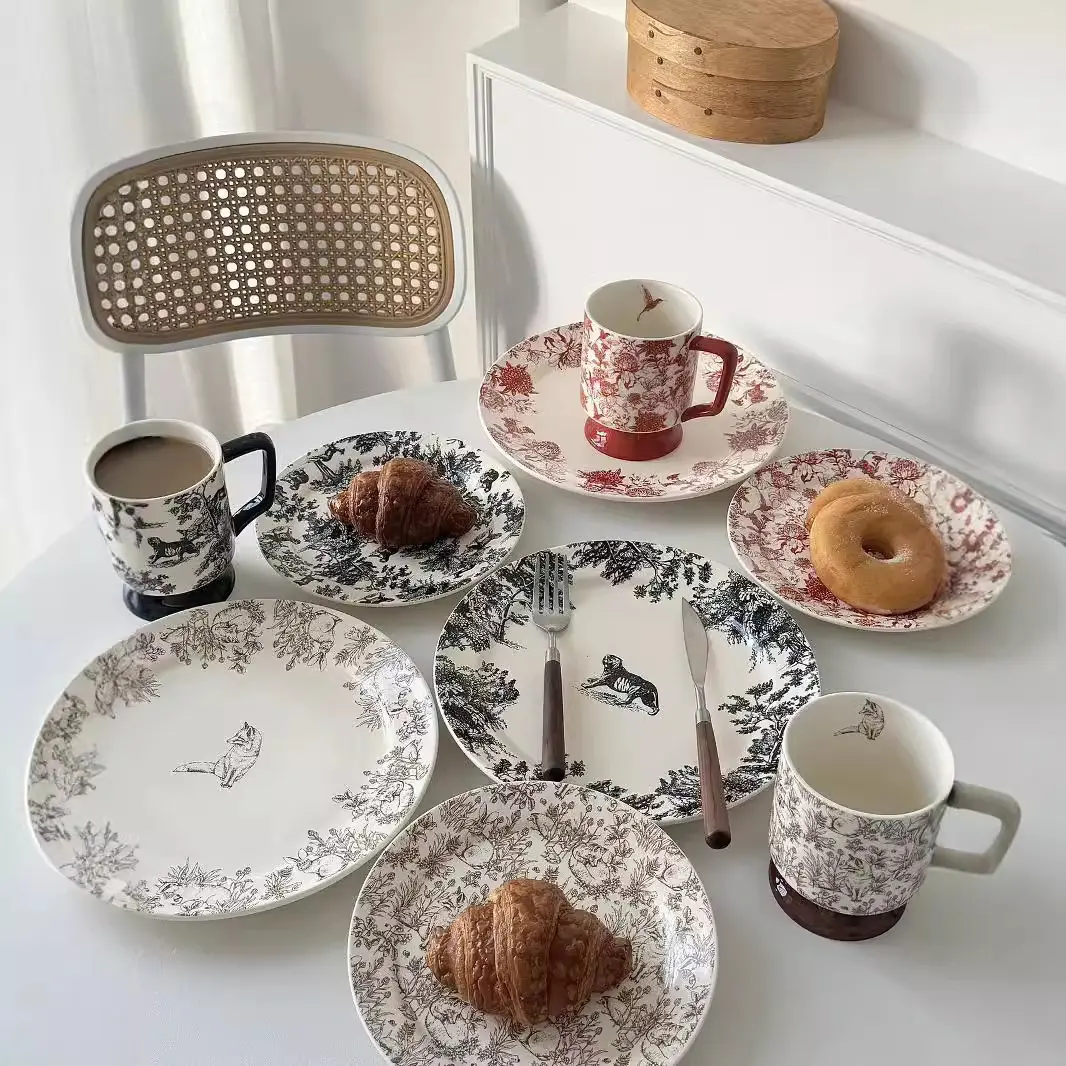 Forest Series French Retro Porcelain Print Dinner Plates - Suitable for Home Use, Western Restaurants, Breakfast Servings