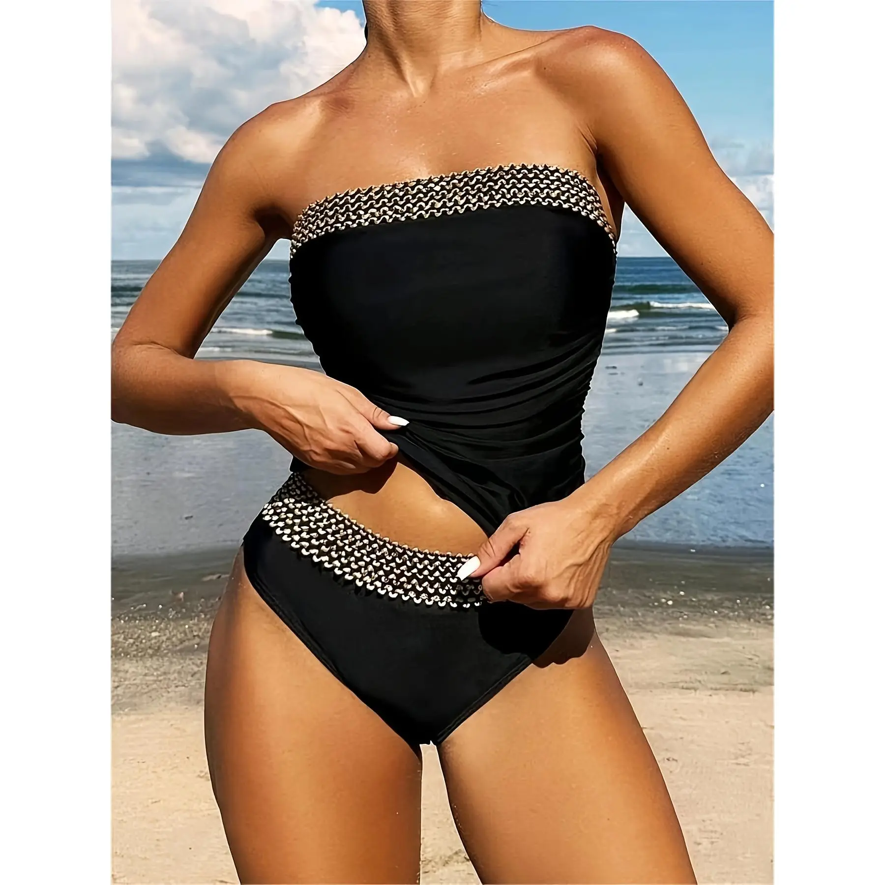 2026 Trendy European and American Conservative Pleated Webbing Splicing Women's Detachable Shoulder Strap Tankini Set