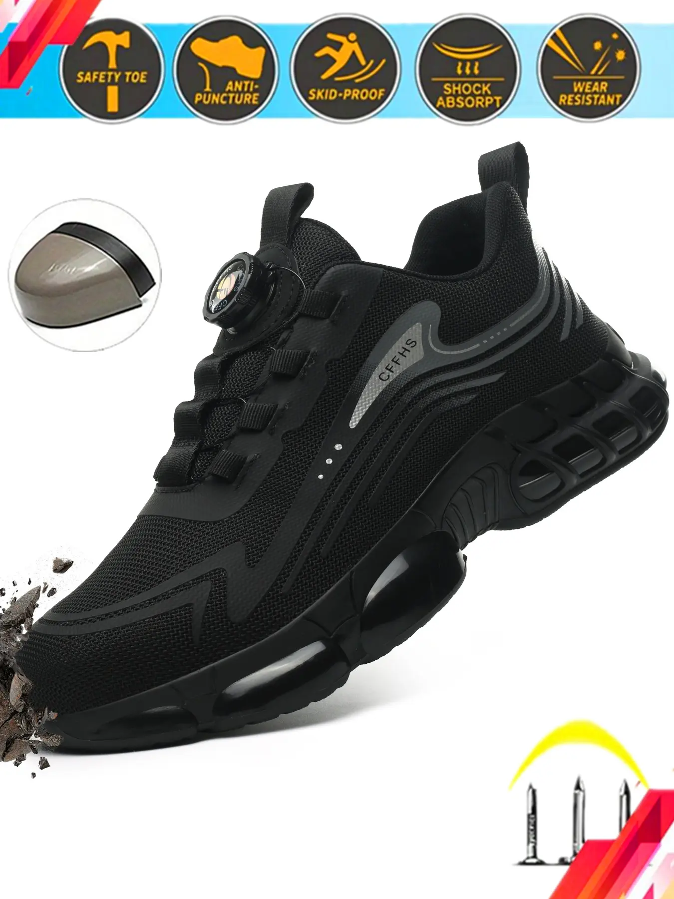 Men's Anti-Impact Safety Shoes for Accident Prevention, Crush & Puncture Resistant, Breathable Mesh Upper, Dial Quick Lacing System, Suitable for All Seasons