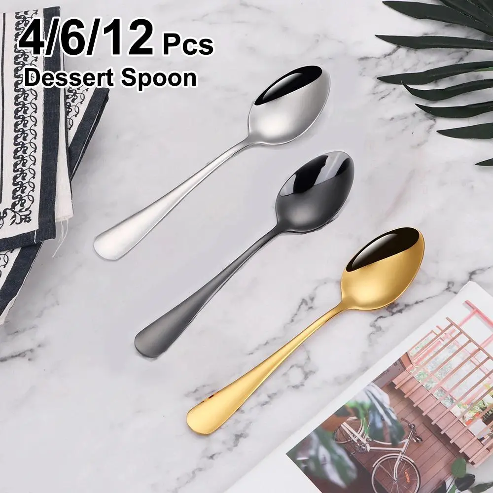 4/6/12 Pieces Gold Dessert Spoon Stirring Spoons Set Stainless Steel Sliver Cutlery Cake Dessert Spoon For Home Tea Party