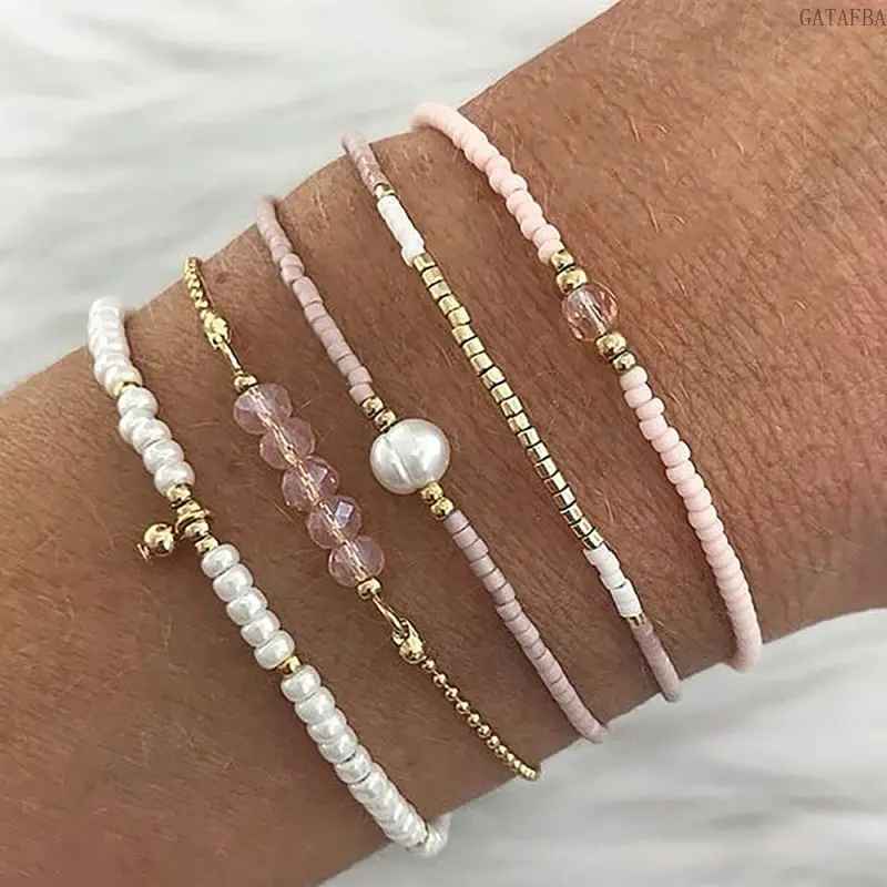 Unisex Bohemian Vacation Faux Pearl Beaded Wristband, Handmade Rice Bead Wrist Jewelry for All Seasons, Safe Materials Sport & Outdoor Accessory, Wristbands,back to school,back to school haul