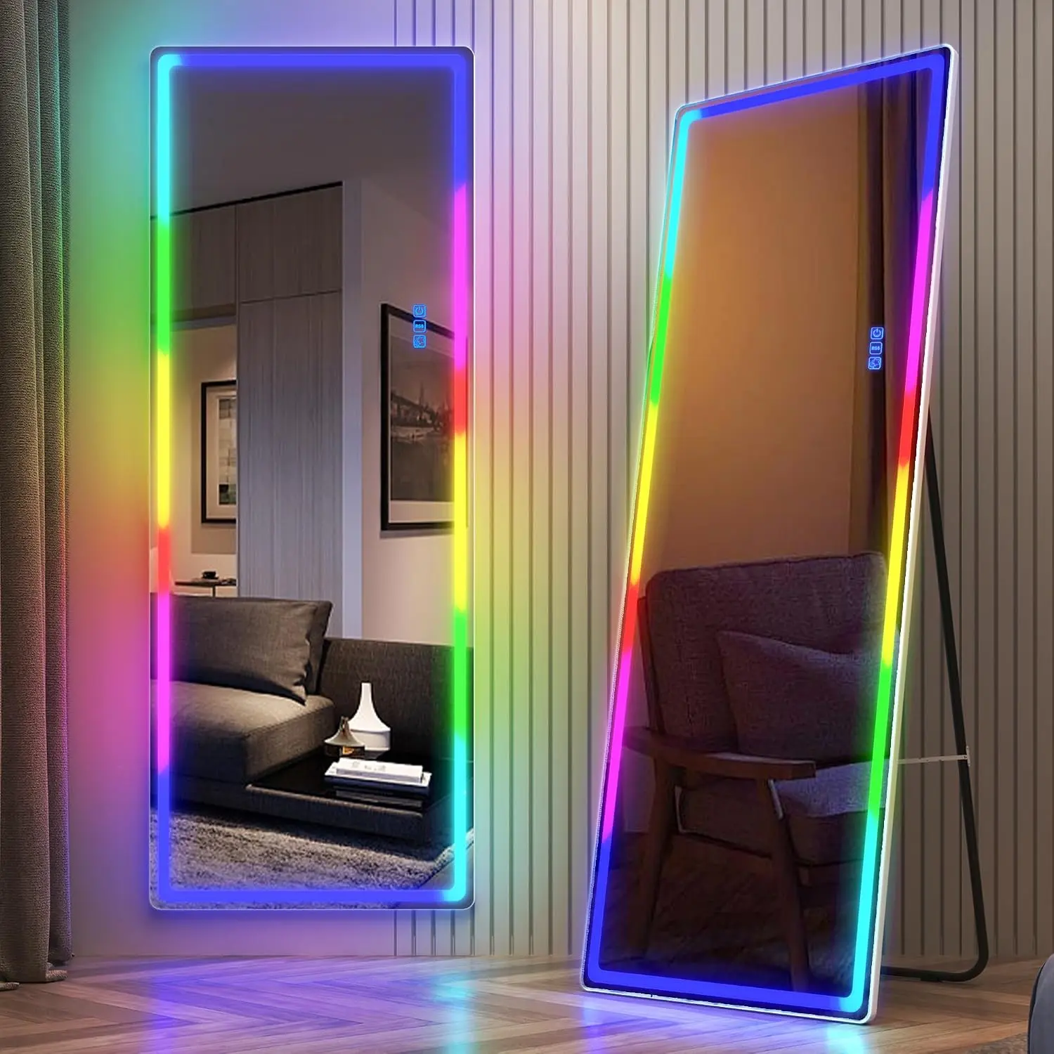 RGB Full Length Mirror with Lights, 63"X22" Full  Mirror, White | Standing Mirror Full Length, 7 LED Dynamic Modes, Remote& Control, Tempered Glass, Floor Mirror for Bedroom Cloakroom