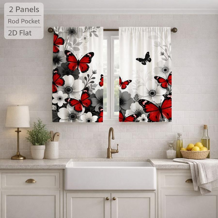2Pcs Red Butterfly Floral Pattern Curtains Digital Printed Rod Pocket, Window Treatment For Bedroom Office Kitchen Living Room Study Home Decor