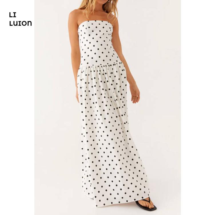 Women White Polkadot Strapless Maxi Dress Flowy Y2k Backless Tube Long Dress  Drop Waist Ruched A Line Sundress - TikTok Shop