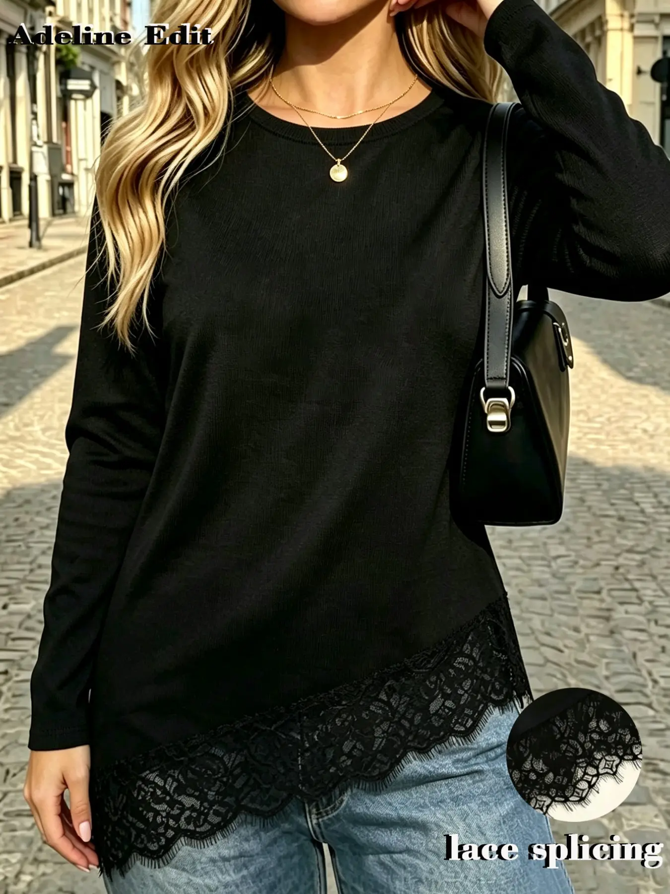 Women's Solid Color Fashion Lace Top, Ruffled Lace Hem Overlay, Loose Fit Casual Basic T-Shirt, Stylish and Comfortable