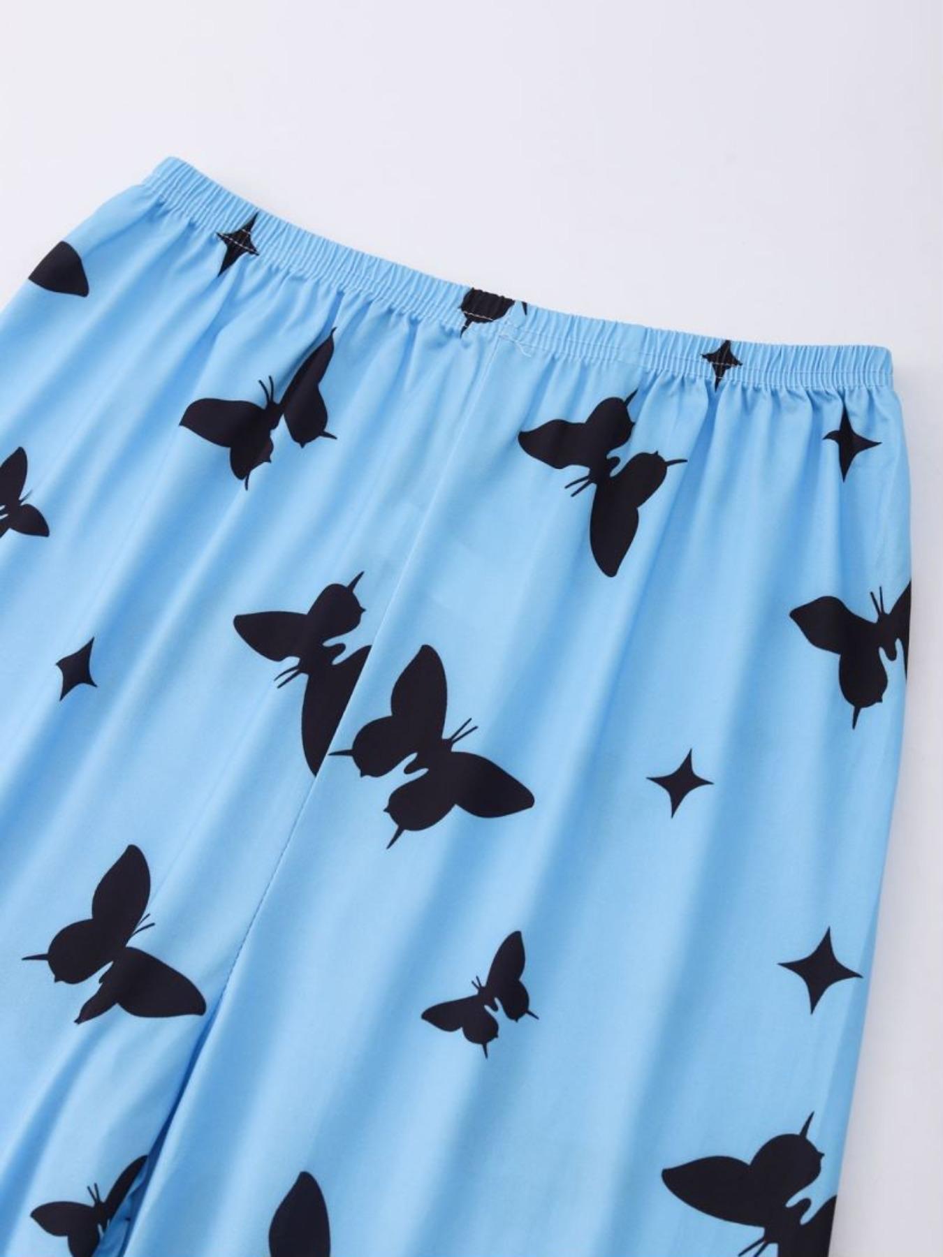 Women's Heart & Butterfly Print Pyjama Set, Comfy Fitted T-shirt & Elastic Waist Trousers Set, Women's Sleepwear for All Seasons