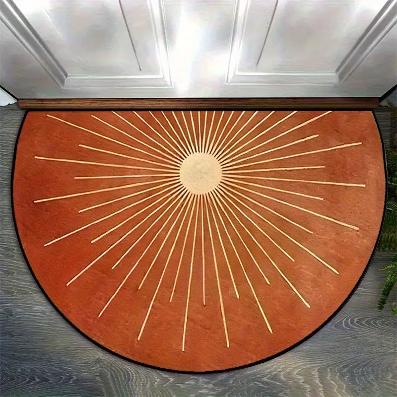 1 half-circle door mat with rust-colored sun ray patterns, velvet-water-washed backing material, lightweight and machine washable, practical welcome mat, suitable for outdoor and indoor entrance door mats, bedside rugs, bathroom mats, small floor mats.