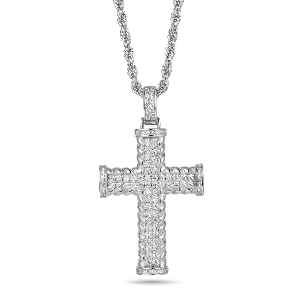 925 Sterling Silver Sparkling Moissanite Cross Necklace with Rope Chain, Meaningful Protection Amulet Gift for Him for Everyday Wear