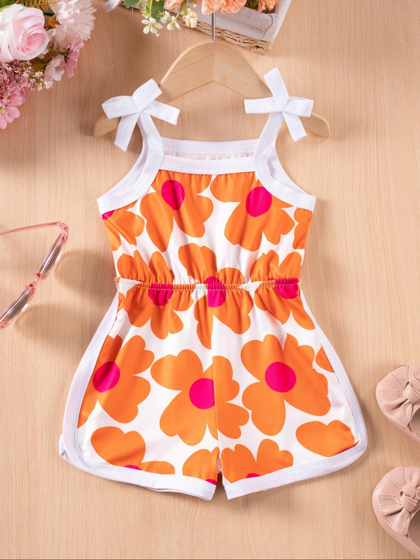 Toddler Girl's Floral Print Bow Tie Waist Romper, Cute Sleeveless Romper for Holiday Vacation, Toddler Outfit, Kids Clothes for Summer, Baby Girl Clothes
