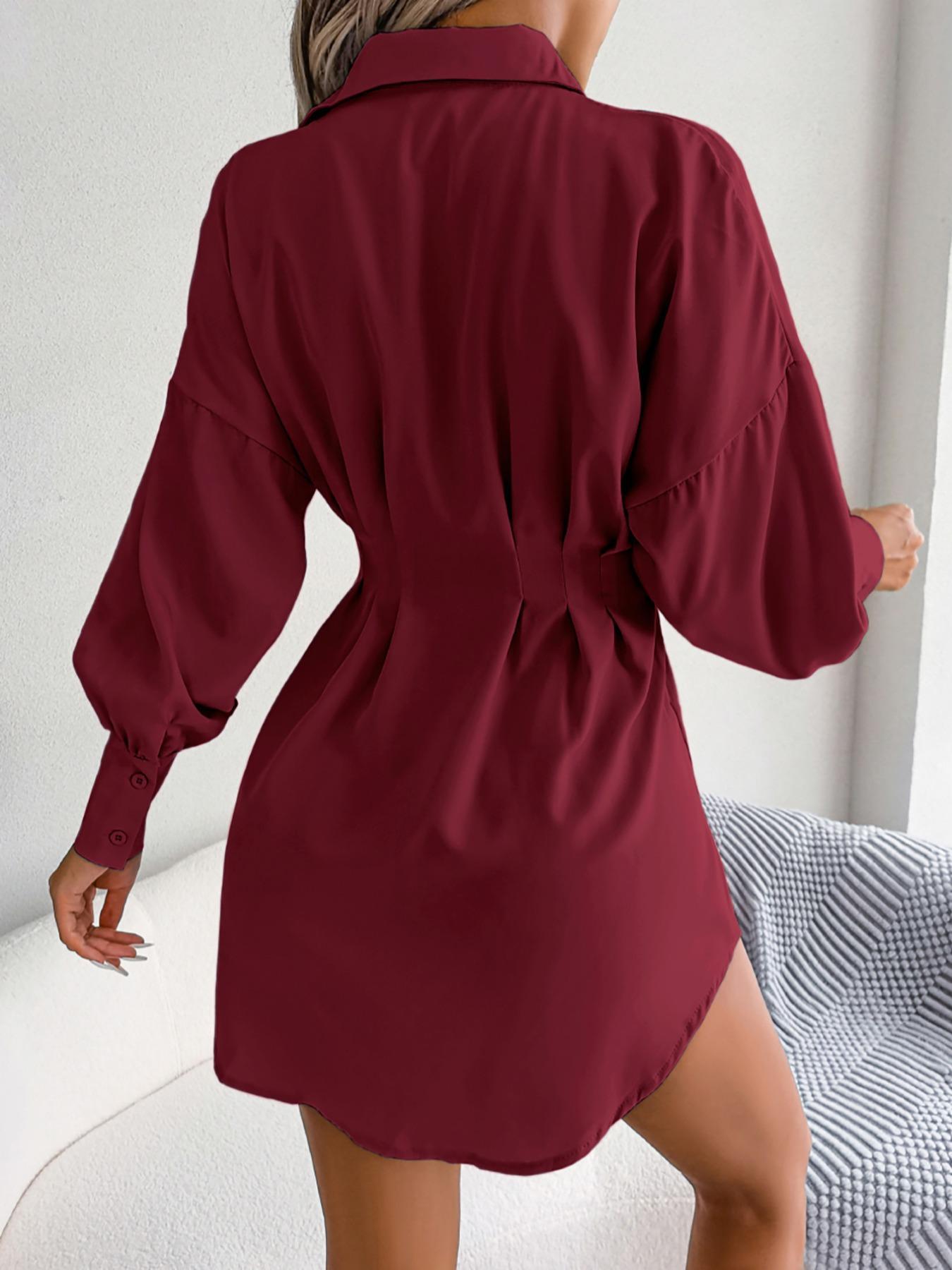 Women's Solid Curved Hem Ruched Button Front Shirt Dress, Casual Comfy Chic Drop Shoulder Long Sleeve Short Dress for Spring & Fall, Women's Clothes, Lady Casual Wear