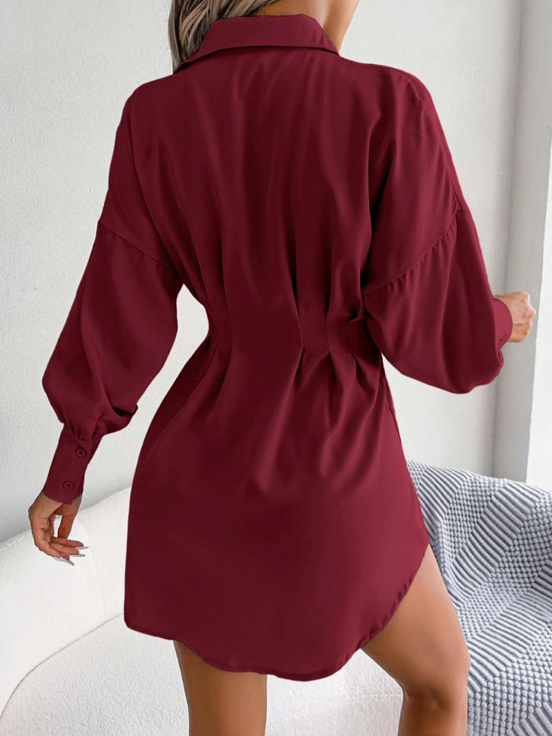 Women's Solid Curved Hem Ruched Button Front Shirt Dress, Casual Comfy Chic Drop Shoulder Long Sleeve Short Dress for Spring & Fall, Women's Clothes, Lady Casual Wear