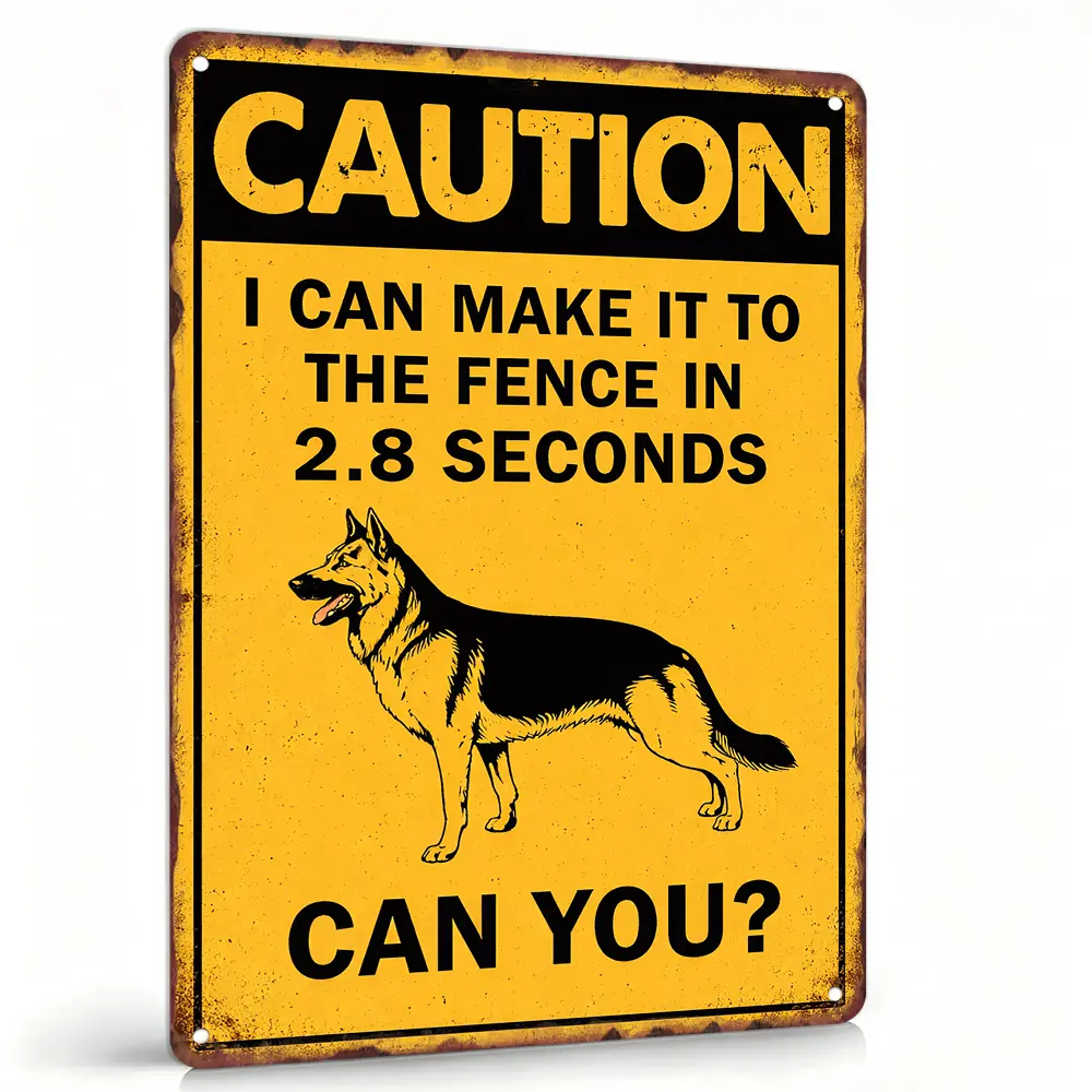 8x12 Vertical Lightweight Aluminum German Shepherd Warning Print Sign - Vintage Yellow Decorative Rustic Wall Plaque, Waterproof Funny Guard Dog Wardrobe/Yd Gate Sign, Indoor-Outdoor Casual Animal Pet Owner Gift (2.8-Second Fence Reach Caution Message), C