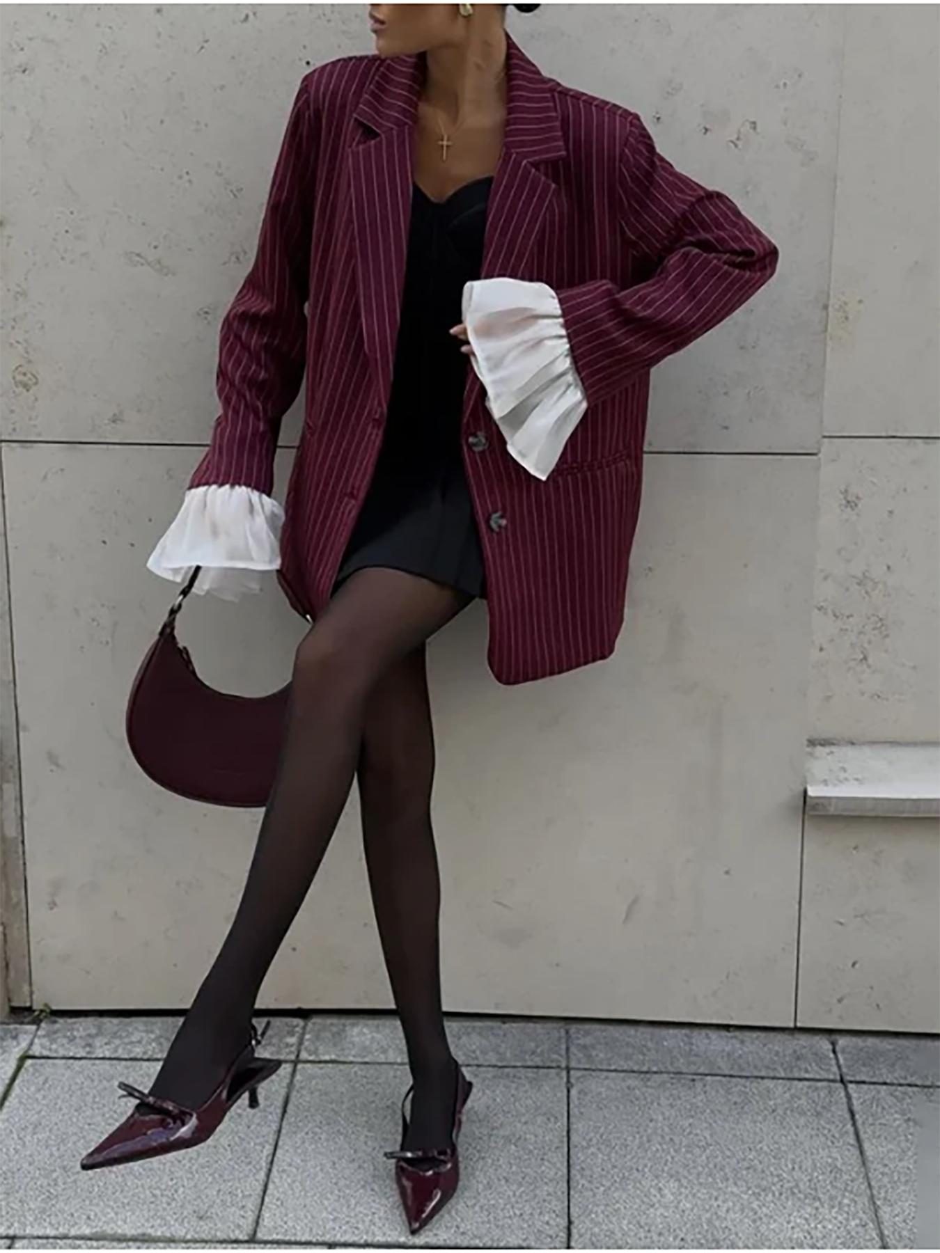 Women's Autumn New Fashion Striped Lace Flounce Sleeve Casual Blazer Jacket, Elegant Design, Perfect for Daily Wear, Fitted