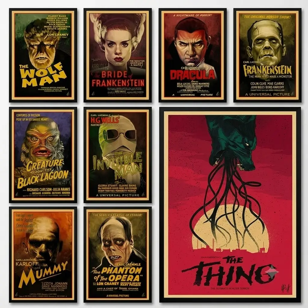 Classic Monsters Horror Canvas Poster, Vintage Movie Wall Art Print, Retro Halloween Decor for Bedroom Dorm Man Cave, Horror Film Fan Gift