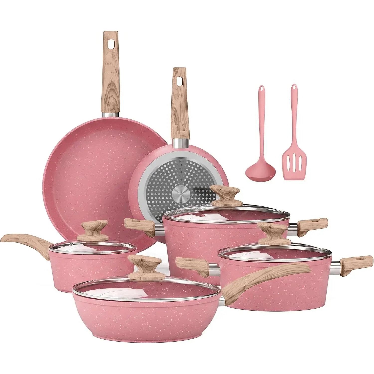 [BackToSchool]Kitchen Academy Induction Pots and Pans Set Non Stick, 12Pcs Pink Cookware