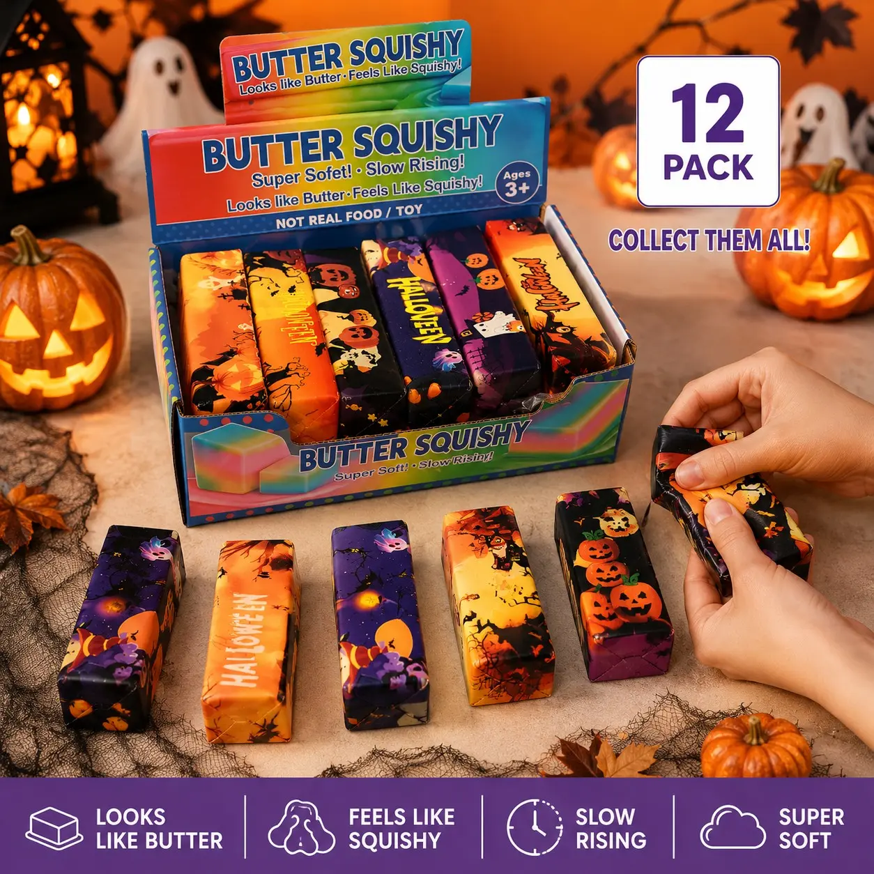 12-Pack Halloween Butter Stick Stress Relief Toys, Slow-Return Compression Balls, Party Favors, Kids & Adults Relaxation Gifts