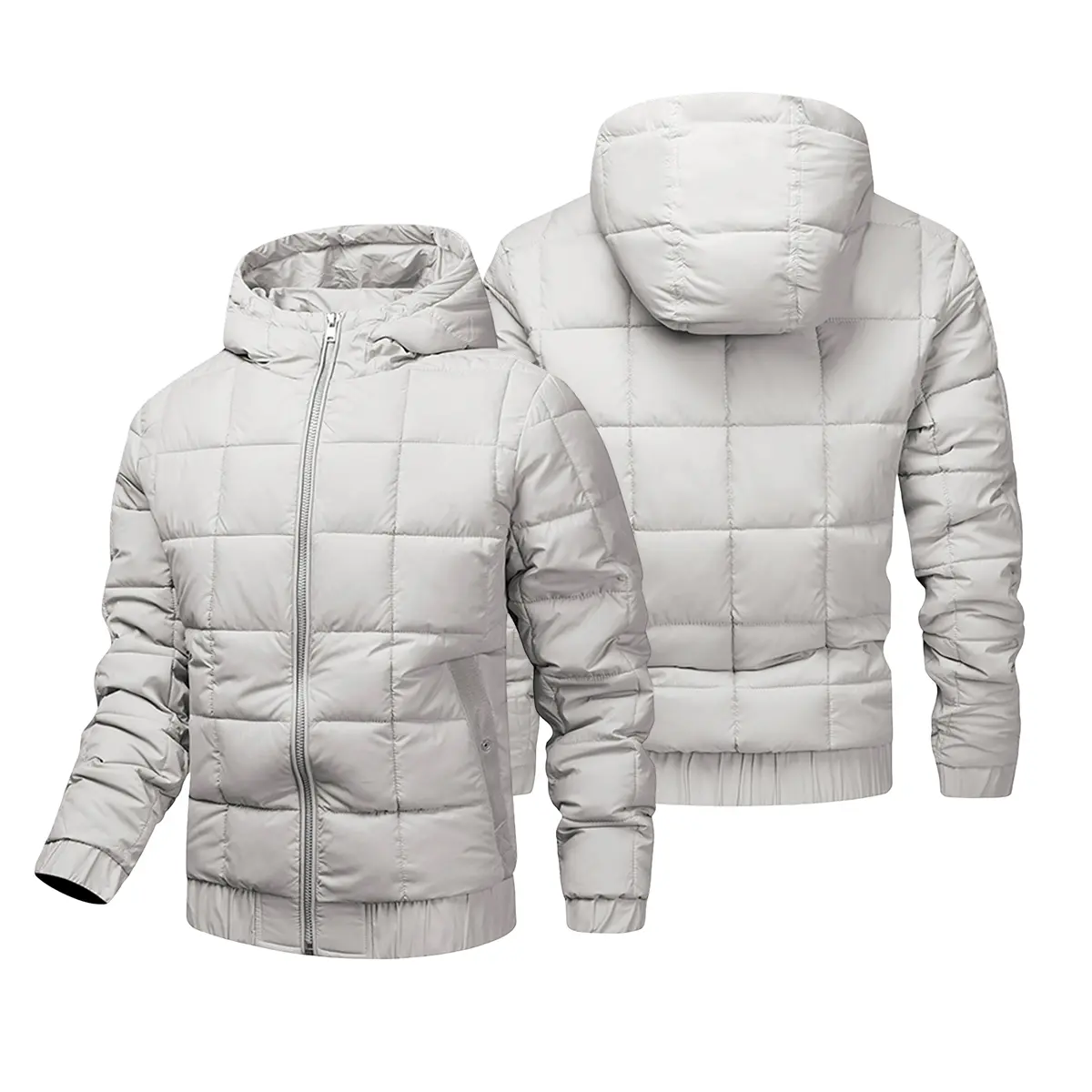 Men's Ultra Packable Square Grid Quilt Hooded Puffer Jacket - Solid Light Grey, Adjustable Drawstring Hood, Mildly Warm, Water Repellent, Minimal All-Match Cold Weather Layering Outerwear
