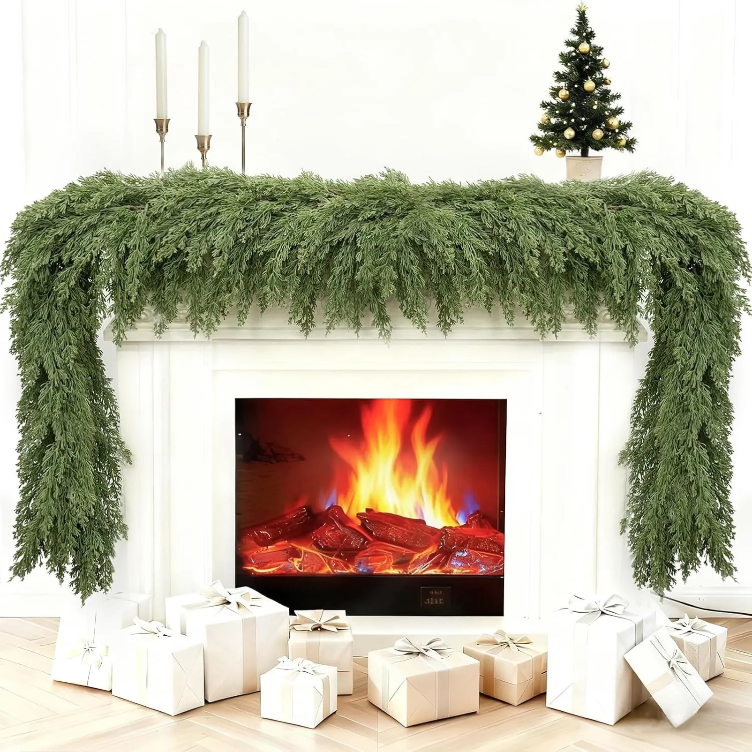 6 FT 2 Pcs Artificial Cedar Garlands, Real Touch Winter Cedar Garland, Green Artificial Greenery Pine Garland for Table, Mantle, Wall, Indoor, Outdoor Christmas Decorations