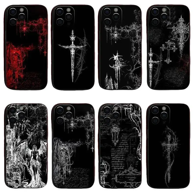 Gothic Cyber Sigil Cross Shockproof Phone Case, Soft Black Protector Accessory for iPhone 17,16,15,14,13,12,11 Pro Max Plus & Samsung Galaxy S25 Ultra,S24,S23,S22,S21 Plus, Accessories, Iphone11promax, Phone Cover Casing, Smartphone Accessories