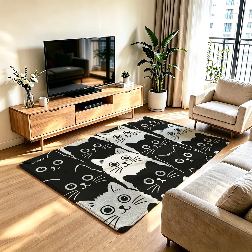 1pc Black and White Simple Cartoon Cat Head Print Rectangular Floor Mat, Large Non-slip Rug for Hotel Bedroom Living Room Sofa Bedside, Aesthetic Room Decor Art Home Decor Gift