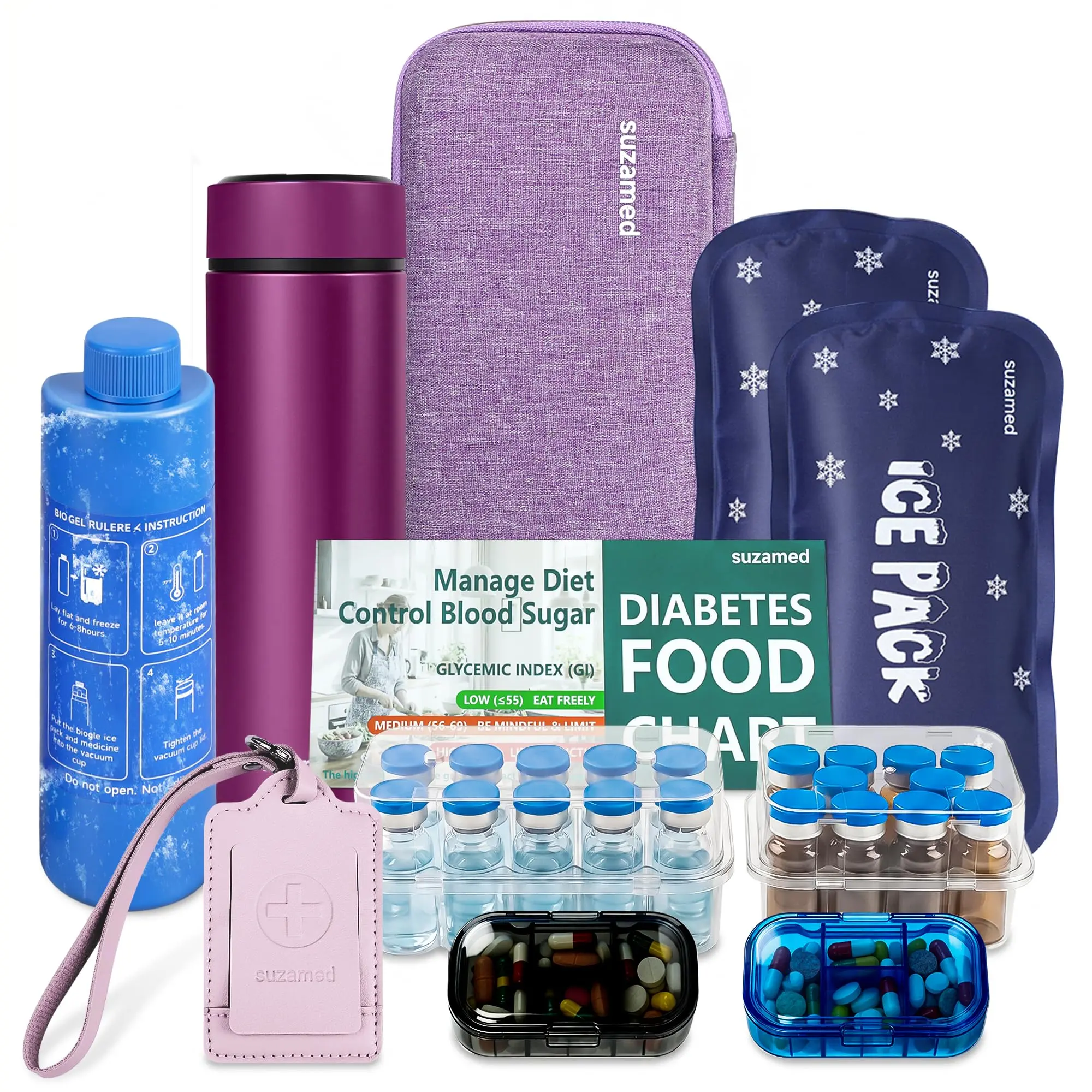 suzamed Insulin Cooler Travel Case, Diabetes Care Gift with 11PCS Supplies | TSA Approved, Include Carry Bag, Vacuum Bottle, Ice Pack, Peptide Case, Med Organizer, ID Tag & GI List for Daily Use & Trip