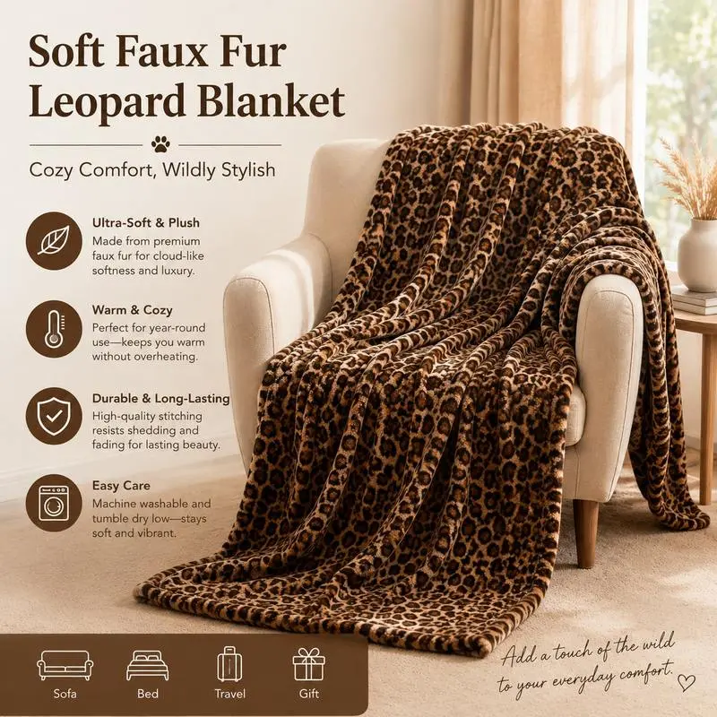 Leopard Print Faux Fur Cozy Textile Throw Blanket, Ultra Soft Plush Fuzzy Blanket for Couch Sofa and Bed, Warm Cozy Lightweight Decorative Animal Pattern Blanket for Home Living Room Bedroom